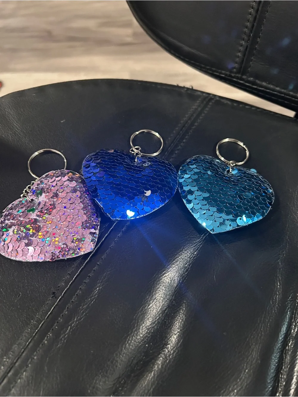 Sequin Heart Keychain Trio – Blue, Teal & Pink